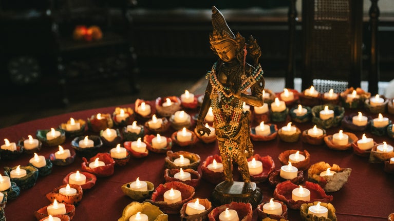 The goddess Lakshmi in the dining room, East Riddlesden Hall, Yorkshire